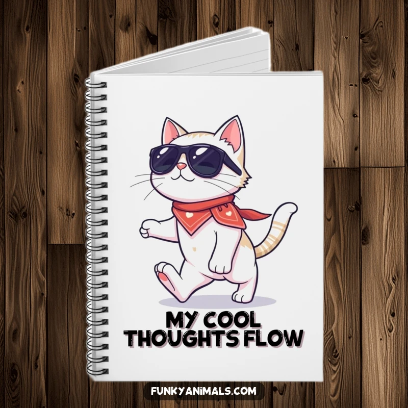 Funny cat notebook featuring a cool cat in sunglasses and bandana, moonwalking on four paws, perfect for notes and doodles.