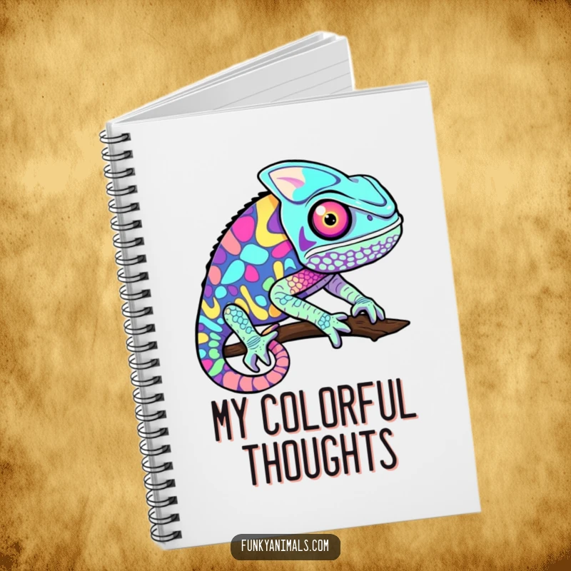 Funny chameleon notebook featuring a psychedelic pattern of rapidly changing colors, ideal for capturing notes and inspiration.