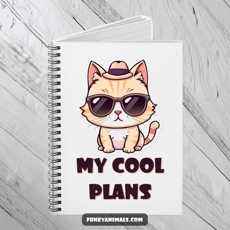 Funny Cool Cat Notebook with a cat wearing sunglasses and a fedora, perfect for jotting down cool thoughts.