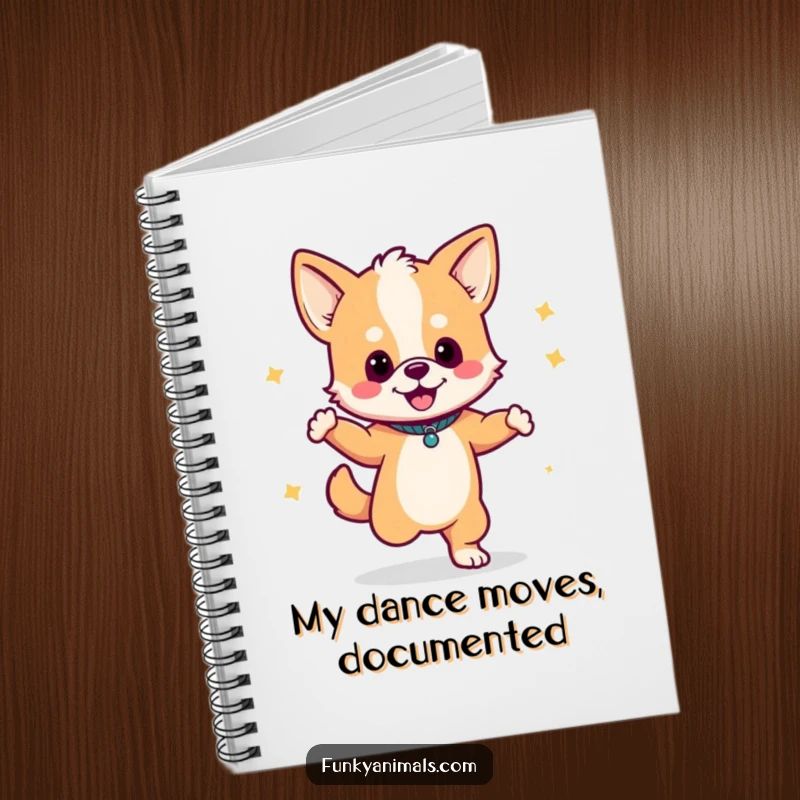 Funny notebook with a dog cub dancing enthusiastically with a boombox, inspiring notes and ideas.