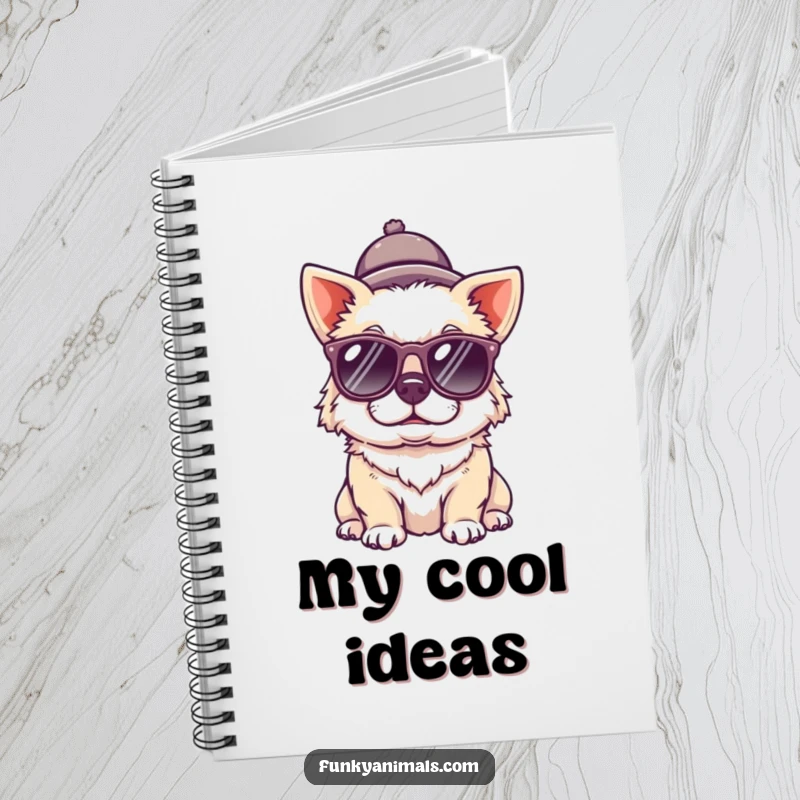 Funny dog notebook featuring a quirky dog sporting sunglasses and a tiny hat, perfect for jotting down notes with personality.