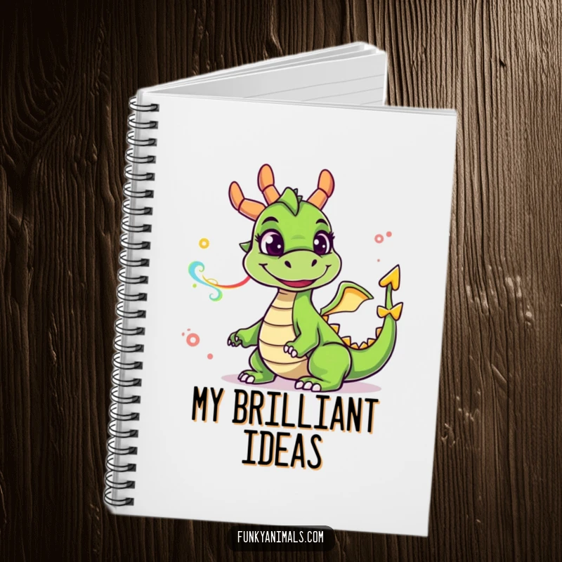 Funny green dragon notebook with a goofy smile, exhaling colorful smoke rings, perfect for jotting down notes humorously.