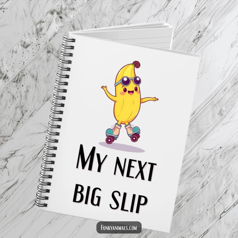 Funny notebook featuring a groovy banana spinning on roller skates, perfect for journaling or note-taking with a humorous and energetic flair.