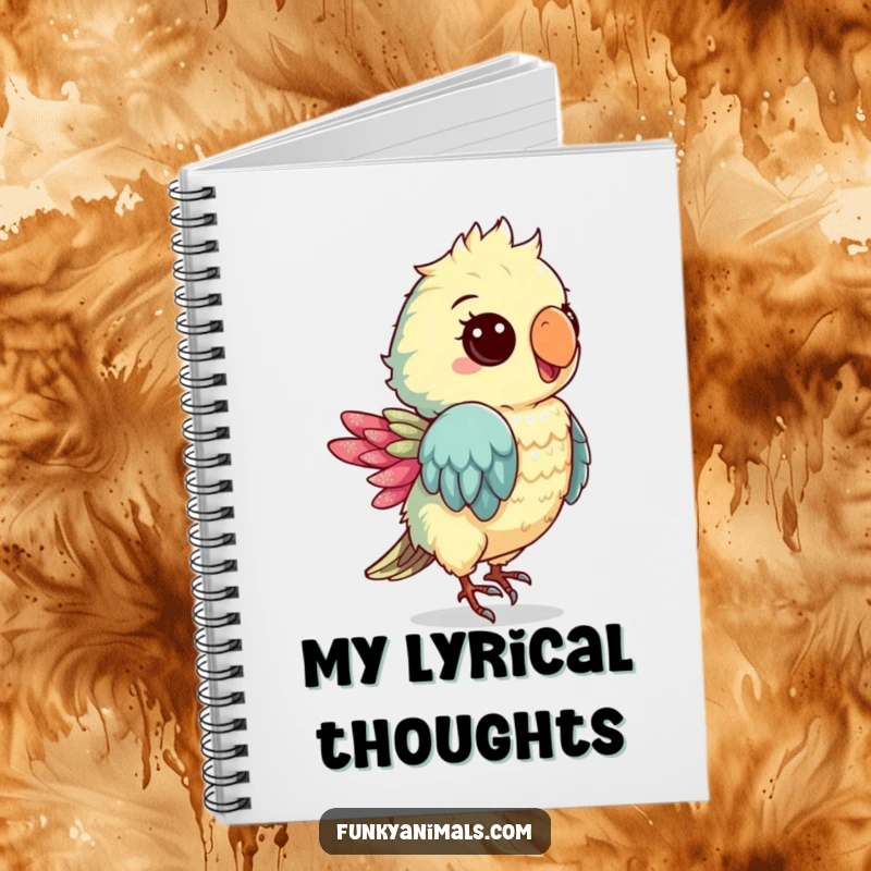 Funny notebook with a groovy parrot cub dancing, featuring a shimmery feather, ideal for jotting down notes with a tropical, rhythmic flair.