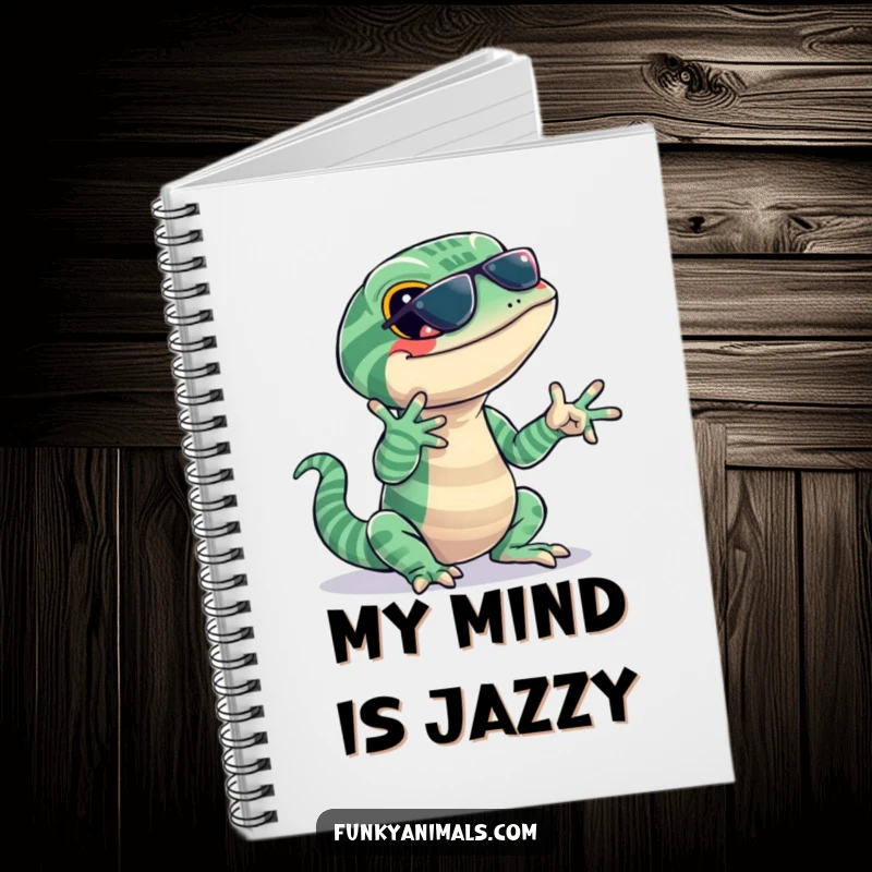 Funny lizard notebook featuring a jazzy reptile with stripes, snapping its fingers to a beat, perfect for notes and music ideas.