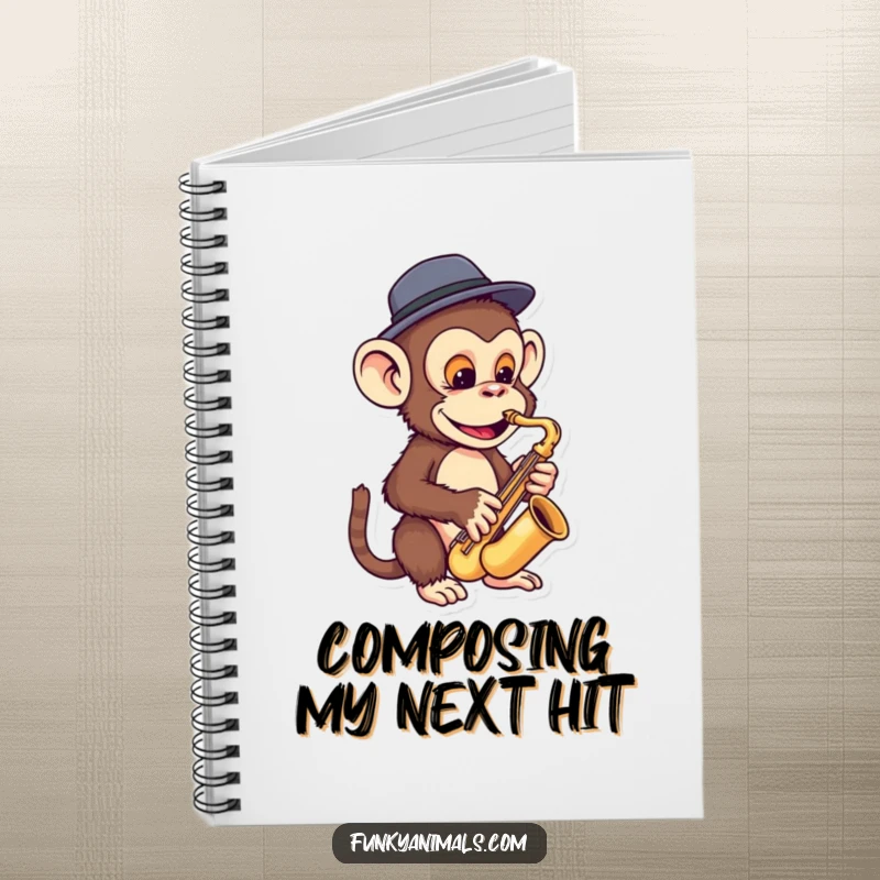 Funny monkey notebook featuring a funky ape in a fedora playing a miniature saxophone, perfect for notes and music ideas.