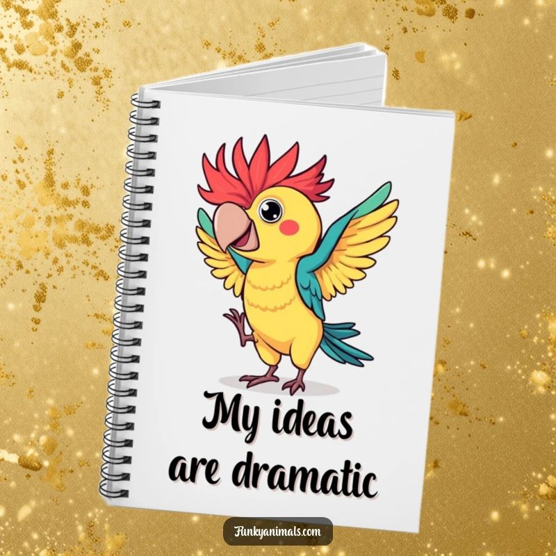 Funny parrot notebook featuring a colorful bird with wild, spiky feathers doing a hilarious flamboyant dance, perfect for notes and sketches.