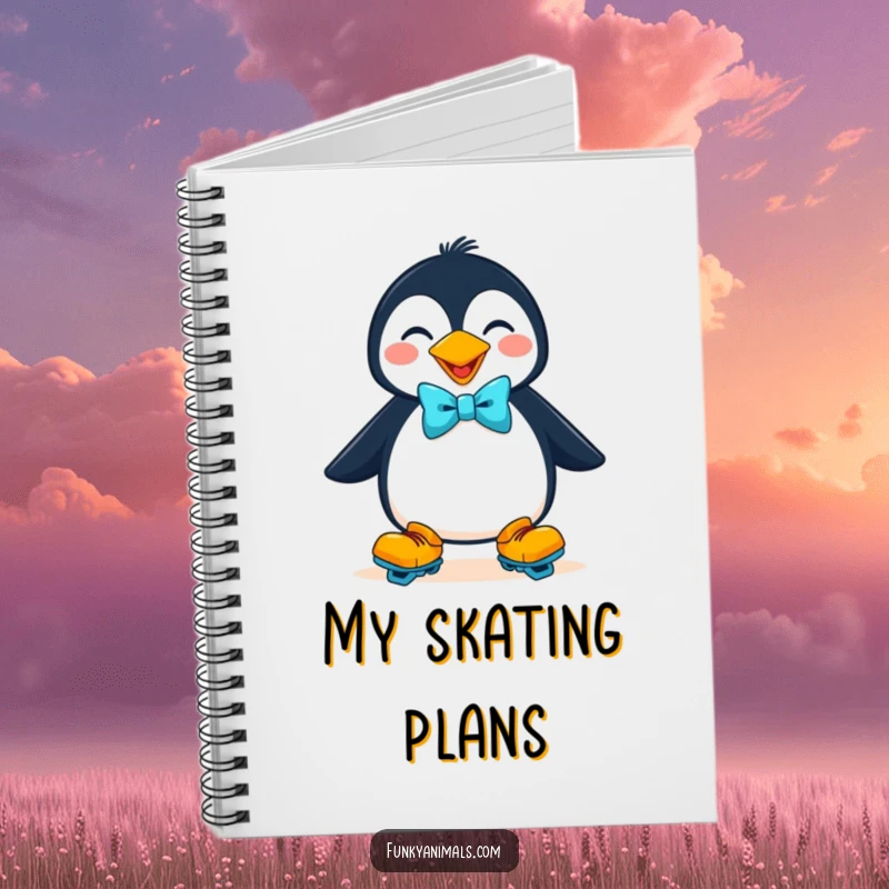 Funny goofy penguin on roller skates with a bow tie on this notebook cover, a cheerful and humorous stationery item.