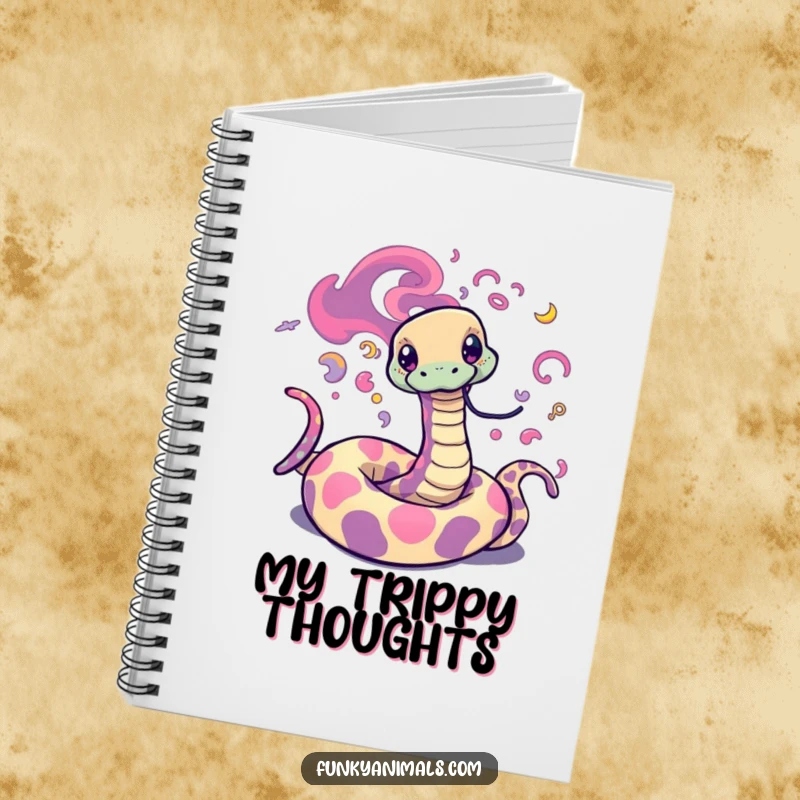Funny Psychedelic Snake Notebook featuring a trippy snake with vibrant, swirling patterns, ideal for jotting down colorful ideas.