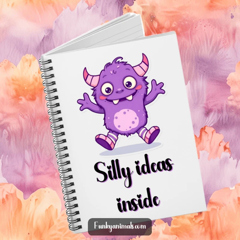 Funny purple monster notebook, creature with mismatched socks doing a silly and energetic dance, ideal for writing.