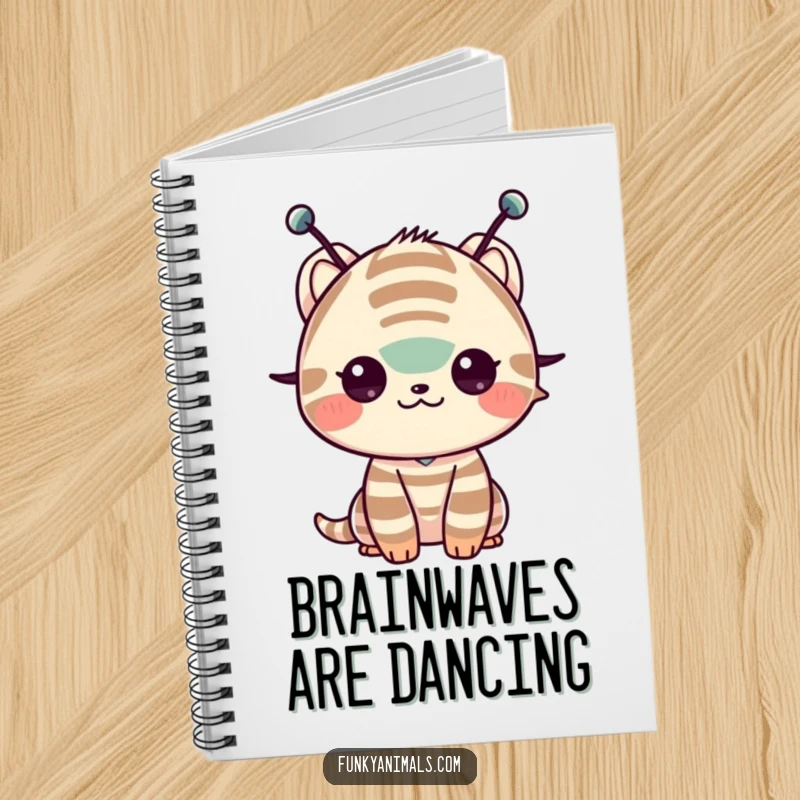 Funny notebook with a striped creature and antennae shimming its shoulders, ideal for jotting down ideas with a rhythmic touch.