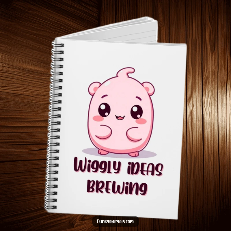 Funny notebook cover featuring a pink, squishy creature with googly eyes wiggling its body, designed for capturing creative and humorous notes.