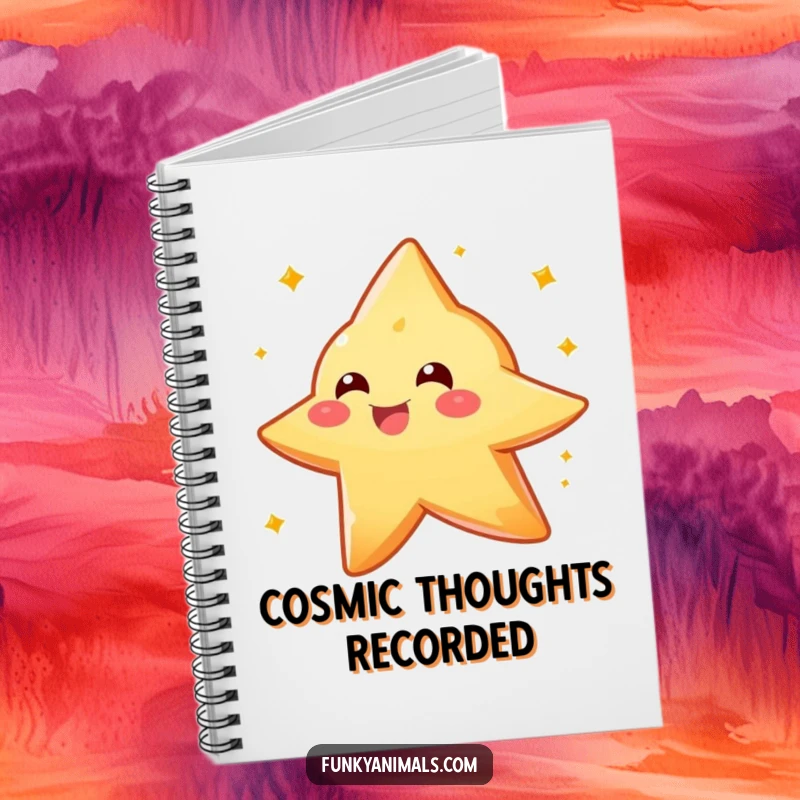 Funny sparkly orange star creature notebook, showing a delightful spin, perfect for jotting down creative and cosmic ideas.