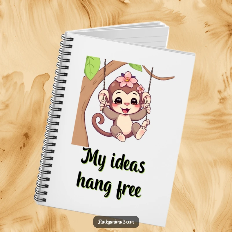 Funny Swinging Monkey Cub Notebook: A playful monkey cub swinging, a flower accentuating its look, perfect for jotting down thoughts with cheerful humor.
