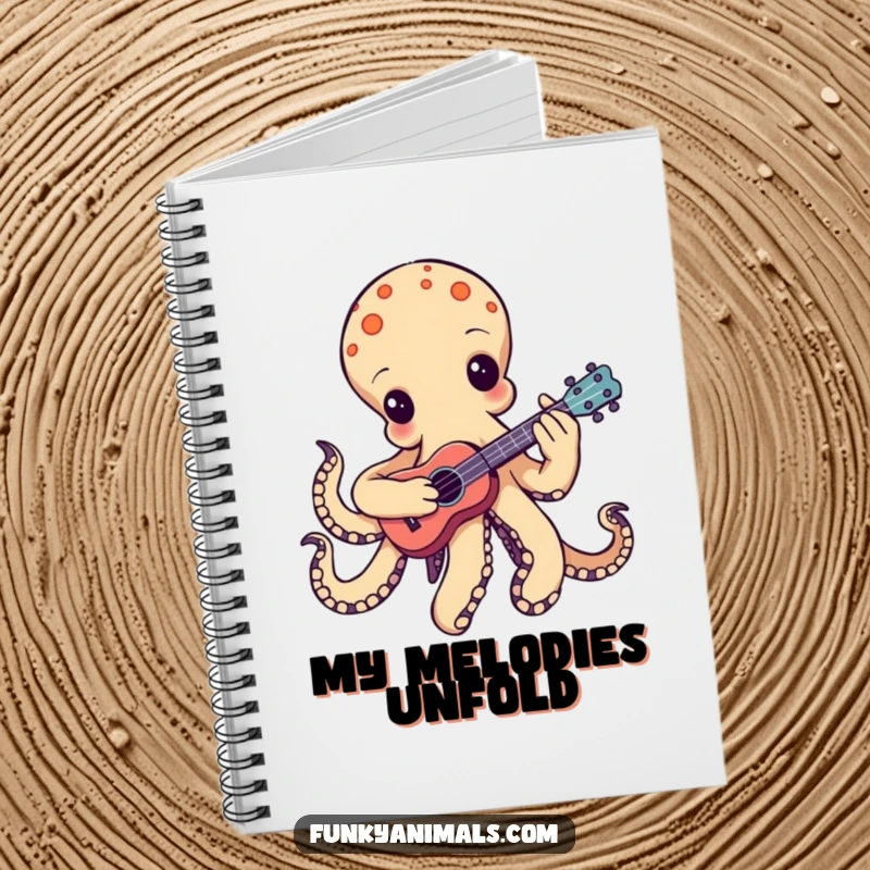Funny groovy octopus notebook, playing a tiny ukulele with one tentacle strumming, ideal for jotting down thoughts and musical inspirations.