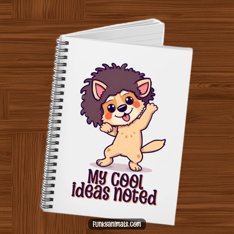 Funny dog wearing an afro wig, breakdancing with energetic moves, on the cover of a notebook.