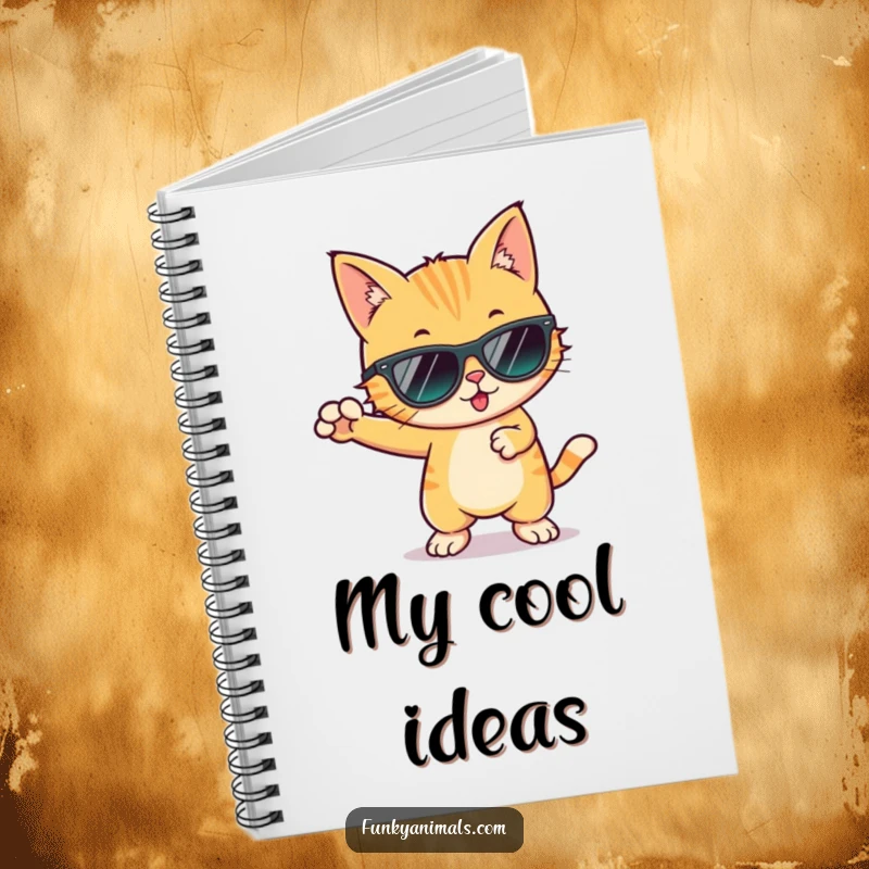 Funny cool cat wearing sunglasses, striking a funky dance pose, featured on the cover of this groovy notebook.