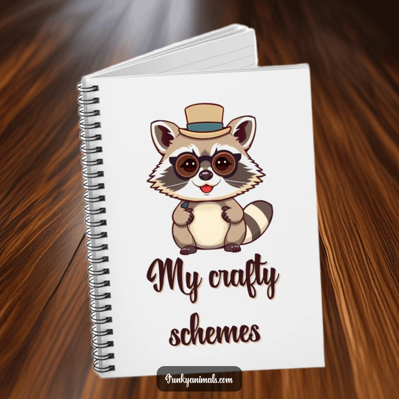 Funny raccoon gentleman notebook with a mischievous raccoon wearing a tiny top hat and monocle, ready for notes.