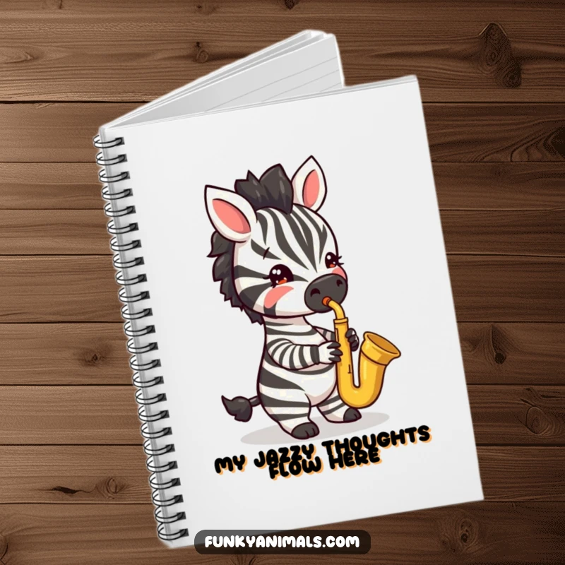 Funny notebook with a jazzy zebra cub playing a saxophone, inspiring notes and musical ideas.