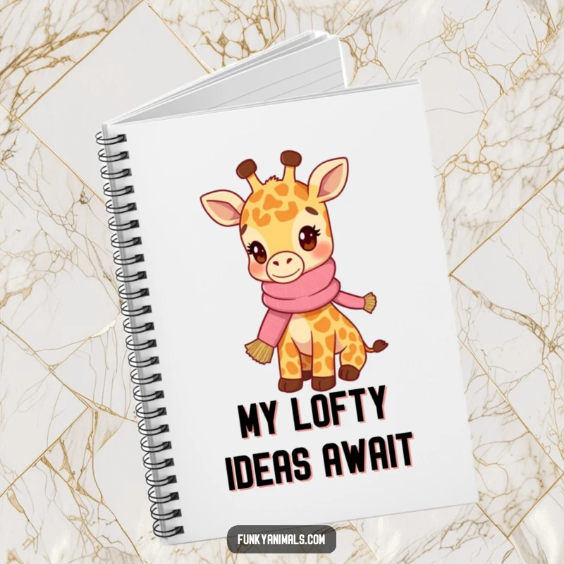 Funny notebook with a hip giraffe cub wearing a knitted scarf, inspiring notes and stylish ideas.