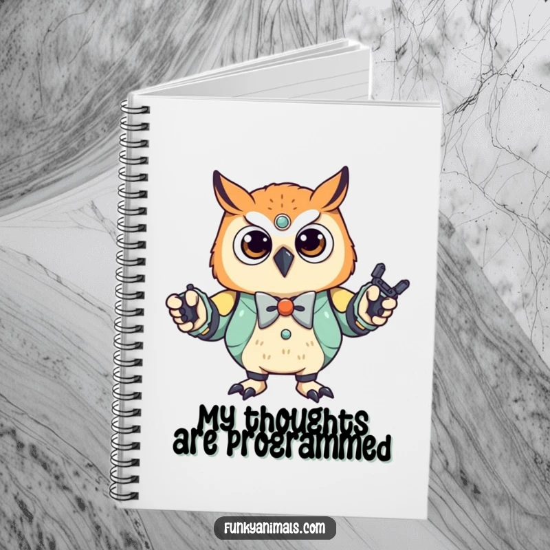 Funny Robot Owl Cub Notebook: A stylish owl cub in a bowtie, performing a robot dance, inspiring creative writing with mechanical flair and humor.
