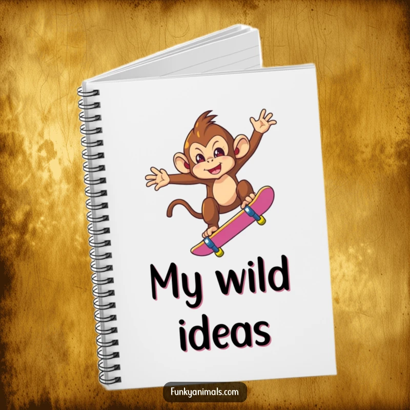 Funny notebook featuring a mischievous monkey performing a skateboard trick mid-air, ideal for jotting down notes and ideas with style.
