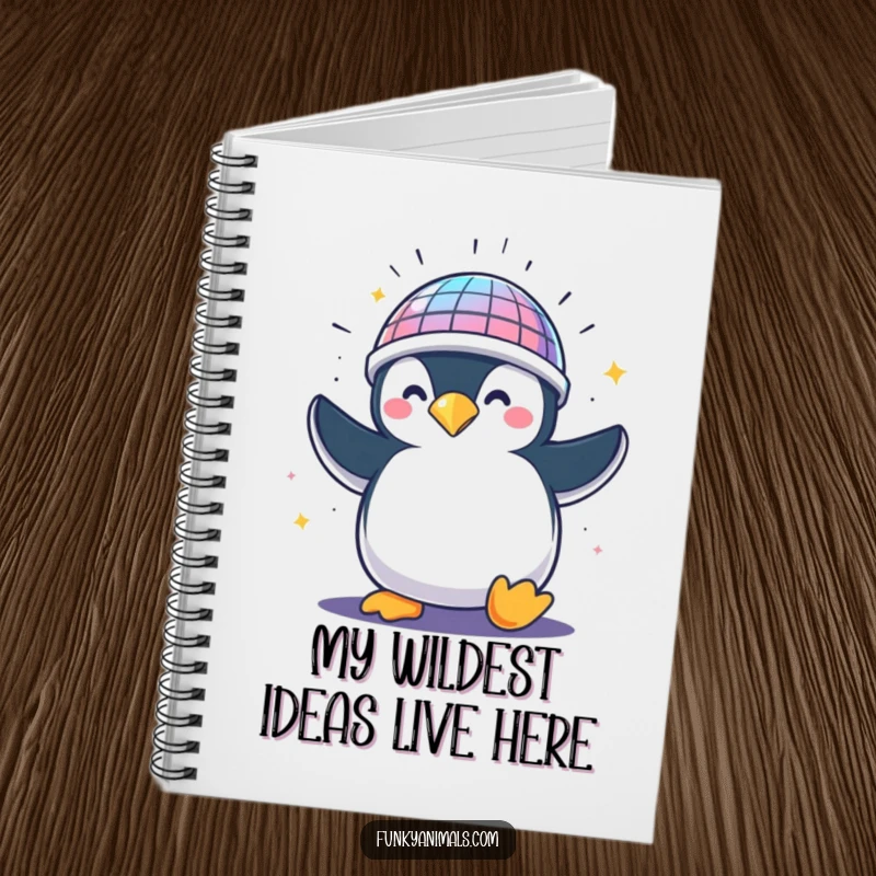 Funny penguin wearing a disco ball helmet, spinning wildly, inspiring humorous notes and creative ideas in this notebook.