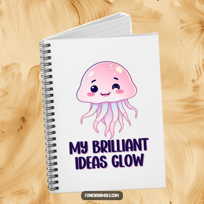 Funny sparkling jellyfish notebook with a goofy, lopsided grin, perfect for jotting down notes, doodles, and daily musings with a smile.
