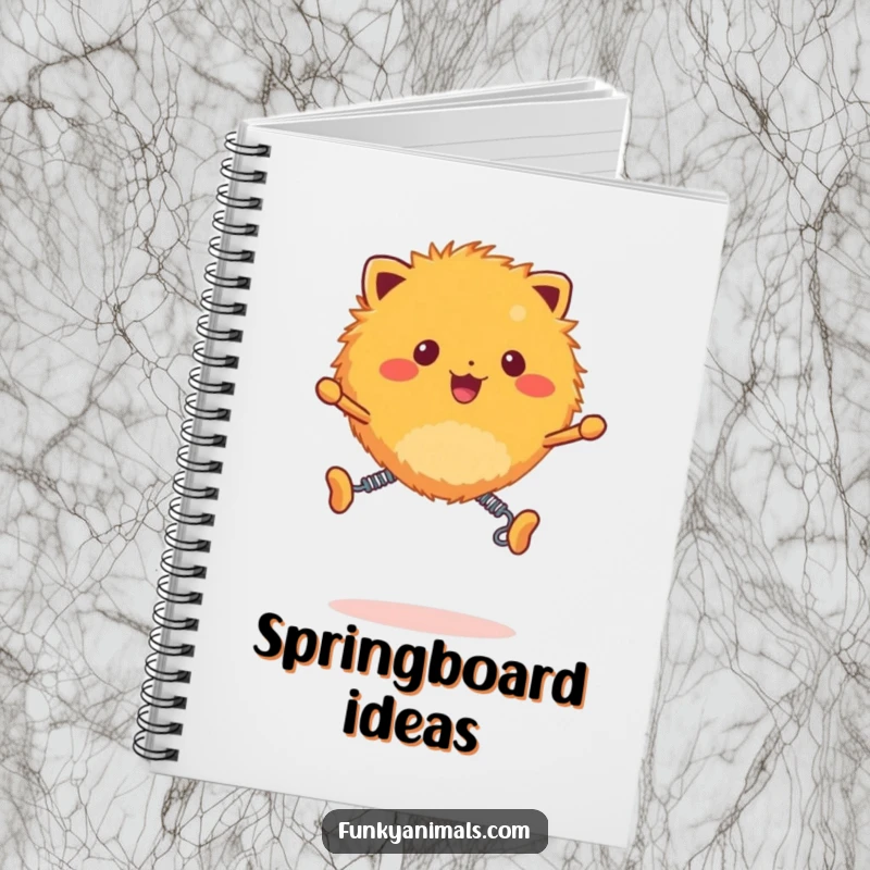 Funny fuzzy orange creature notebook, creature with spring legs bouncing energetically, ideal for writing and sketching.