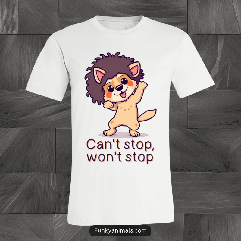 Funny dog wearing an afro wig, breakdancing with energetic moves, printed on a cool t-shirt.