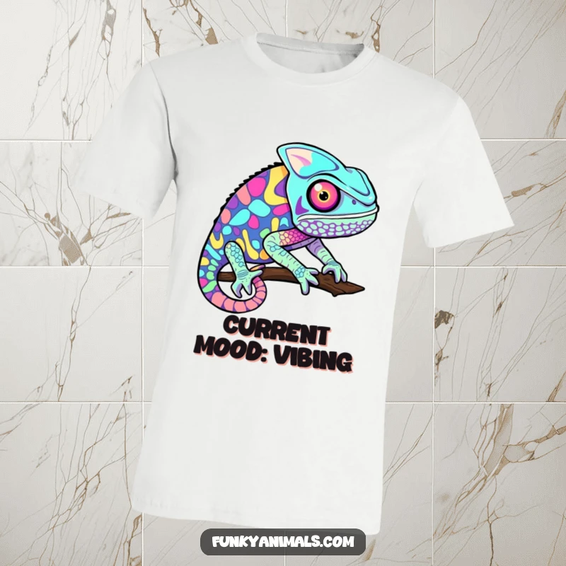 Funny chameleon t-shirt featuring a psychedelic pattern of rapidly changing colors, emitting an energetic and artistic vibe.