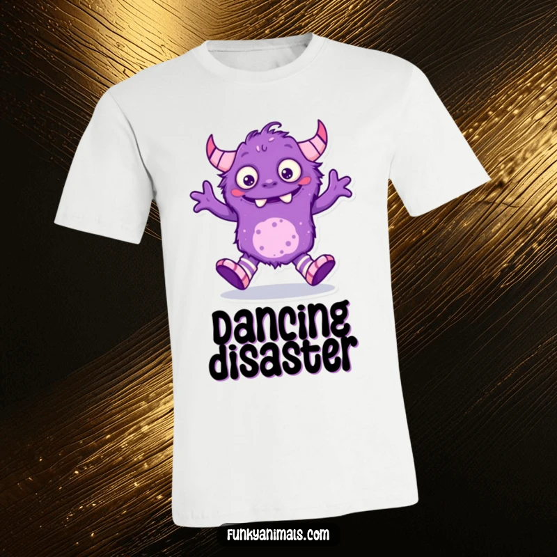 Funny purple monster t-shirt, creature with mismatched socks performing a hilariously silly dance.