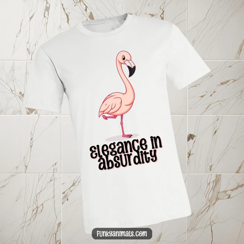 Funny flamboyant flamingo striking a comical one-legged pose, exuding confidence and humor on a stylish t-shirt.