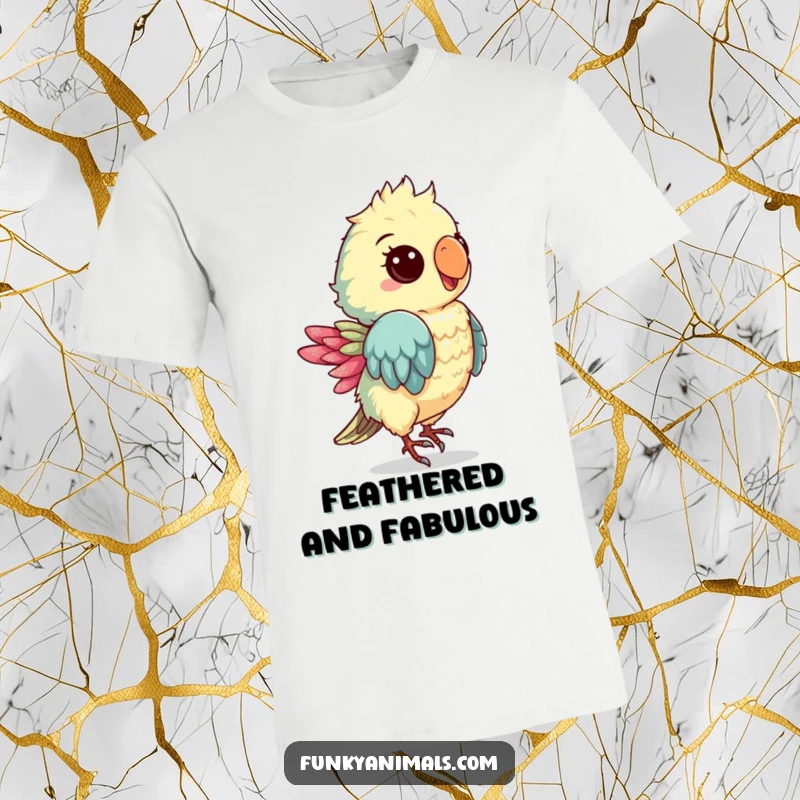 Funny t-shirt with a groovy parrot cub dancing, featuring a shimmery feather and radiating tropical party vibes.