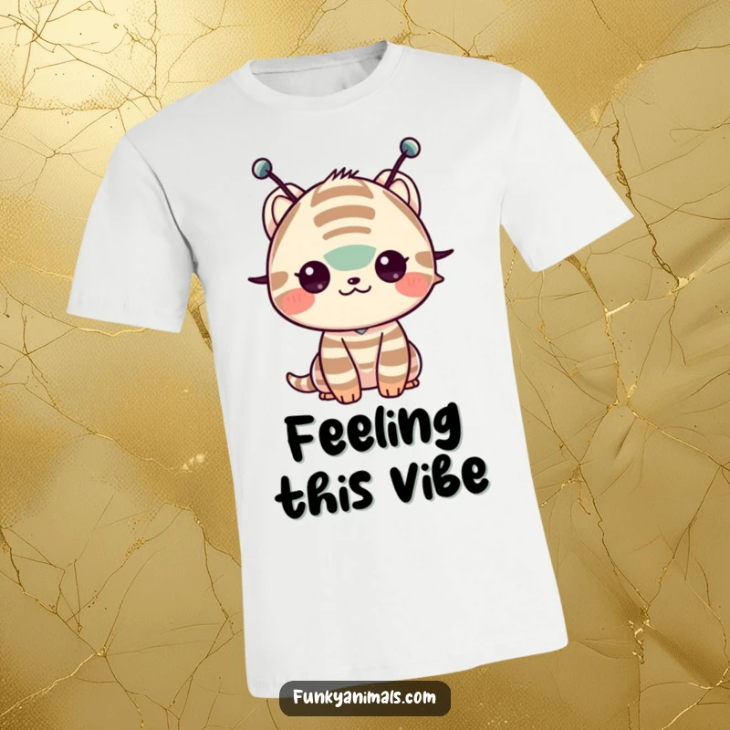 Funny t-shirt of a striped creature with antennae shimming its shoulders with infectious energy and a happy look.