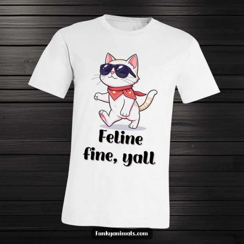 Funny cat t-shirt featuring a cool cat in sunglasses and a bandana, executing a flawless moonwalk on four paws.
