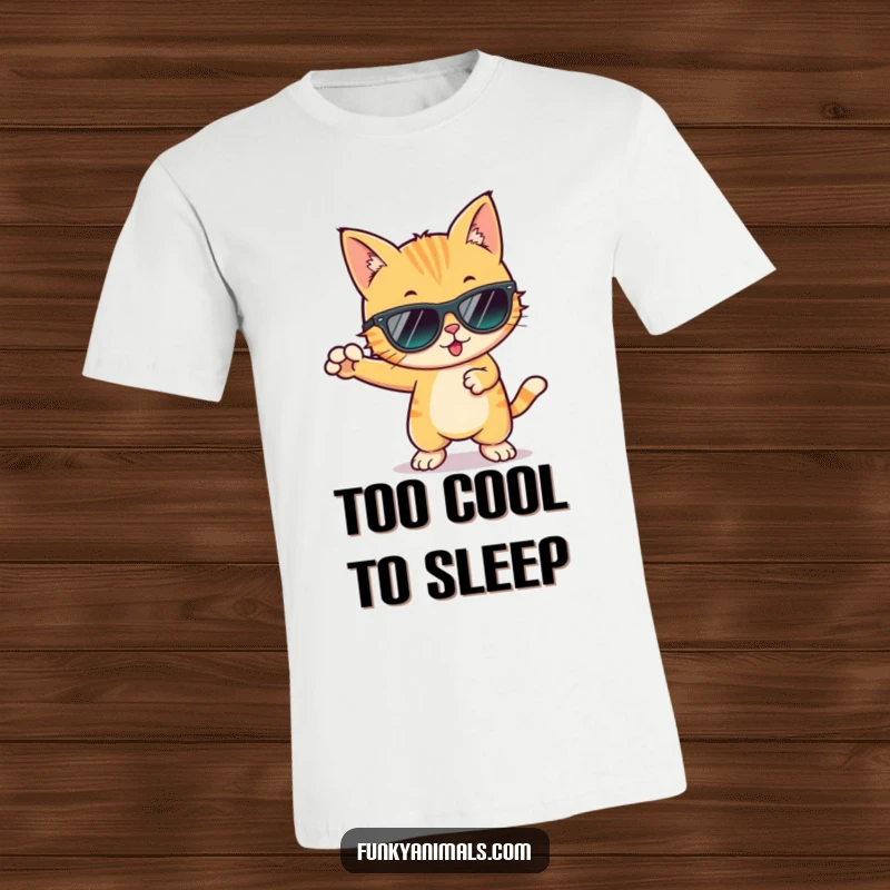 Funny cool cat wearing sunglasses, captured mid-funky dance move, spreading groovy vibes on this t-shirt.