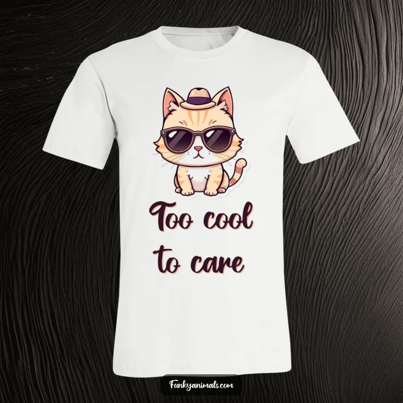 Funny Cat T-Shirt showing a cat wearing sunglasses and a fedora, looking incredibly cool and stylish.