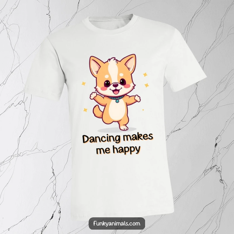 Funny t-shirt with a dog cub dancing enthusiastically, holding a boombox and busting out groovy moves.