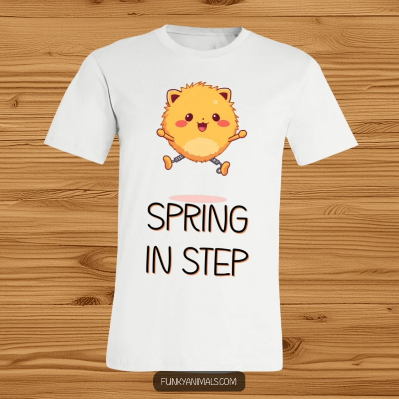 Funny fuzzy orange creature t-shirt, creature with spring legs bouncing with high energy.