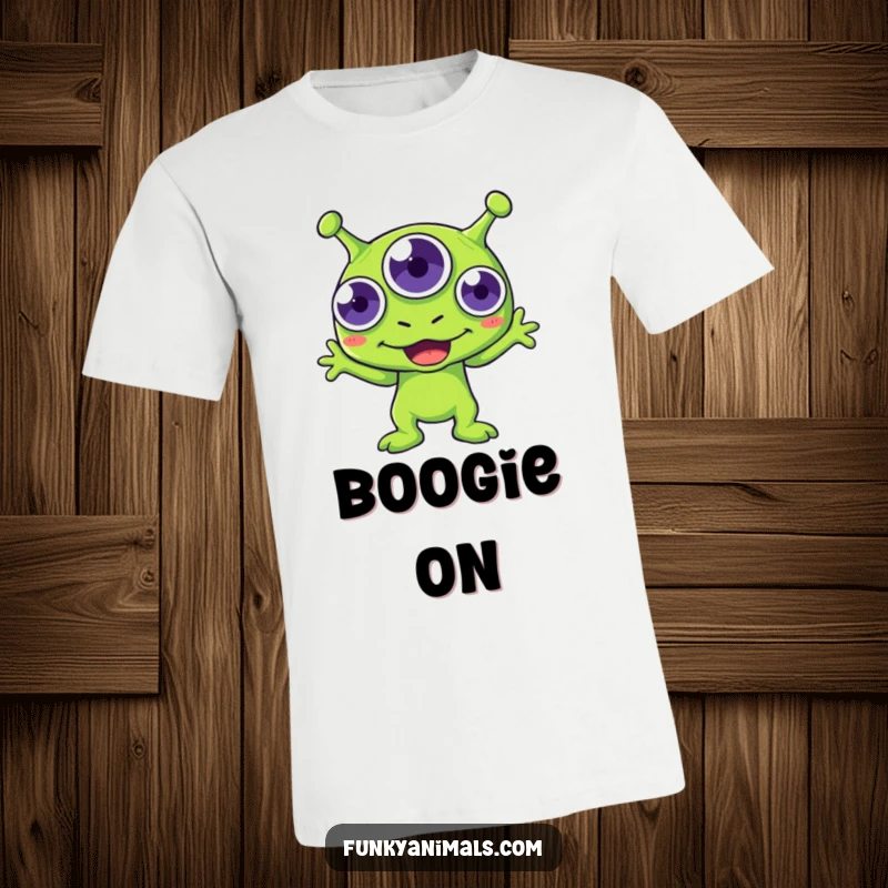 Funny green alien t-shirt featuring a three-eyed creature energetically boogying, perfect for galactic dance parties.