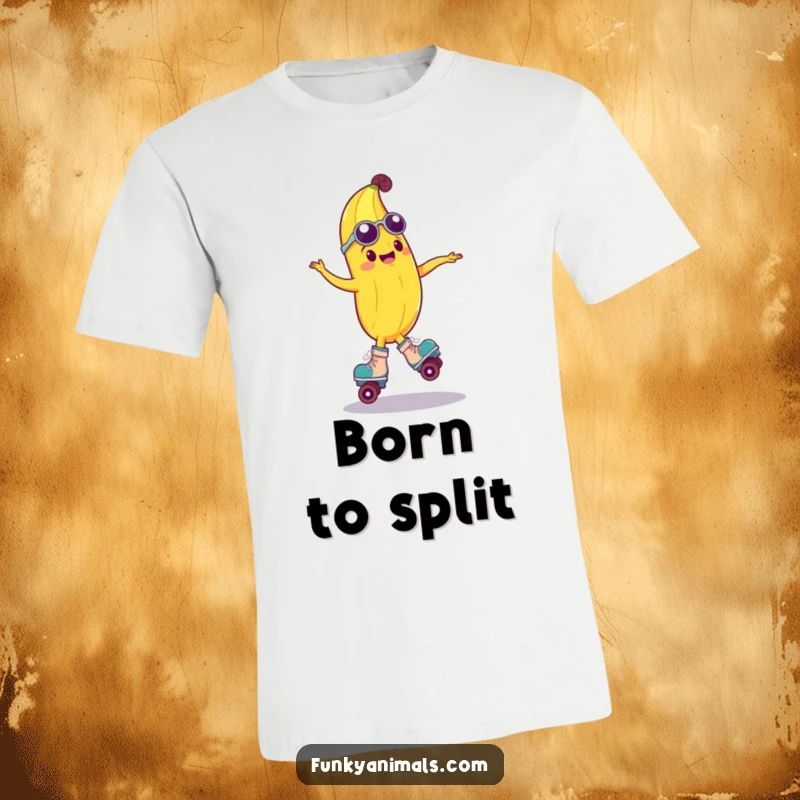 Funny t-shirt featuring a groovy anthropomorphic banana effortlessly spinning on roller skates, showcasing a fun and energetic retro design.