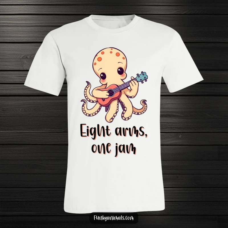 Funny groovy octopus t-shirt, playing a miniature ukulele with one tentacle actively strumming, showcasing musical talent and fun.