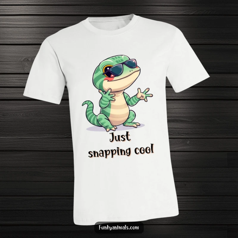 Funny lizard t-shirt featuring a jazzy reptile with stripes, snapping its fingers to a beat, exuding cool musical vibes.