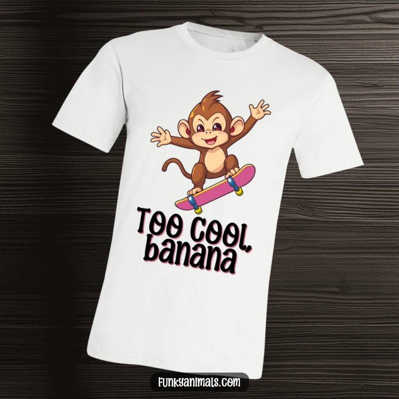 Funny t-shirt featuring a mischievous monkey mid-trick on a skateboard, high in the air, embodying coolness and playful rebellion.