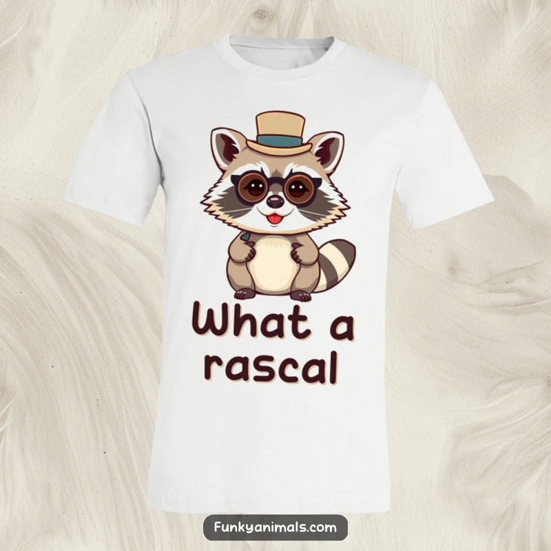 Funny raccoon gentleman t-shirt showcasing a mischievous raccoon wearing a tiny top hat and monocle with a playful expression.