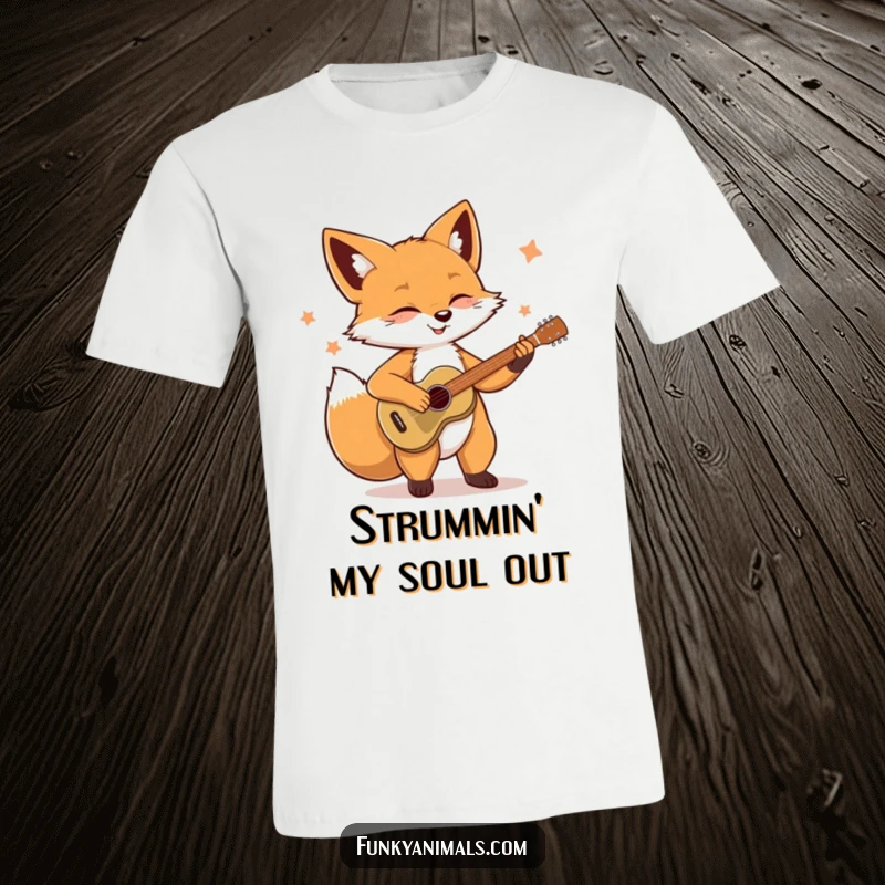 Funny Soulful Fox T-Shirt: This charming fox is passionately playing its guitar, embodying the joy of creating music.