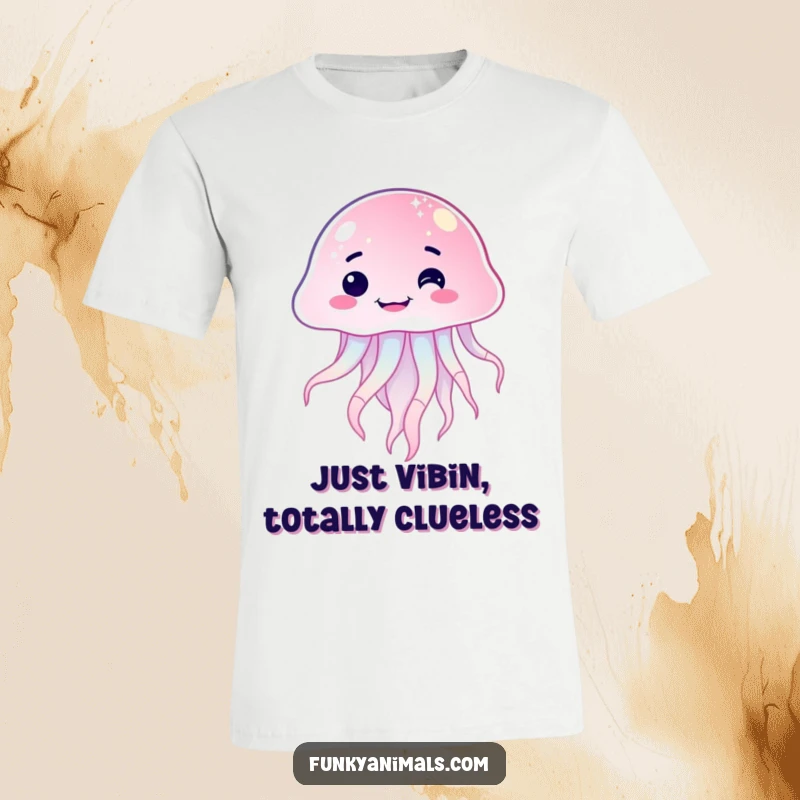 Funny sparkling jellyfish t-shirt showcasing a goofy, lopsided grin, floating with a playful expression, perfect for a sunny day.