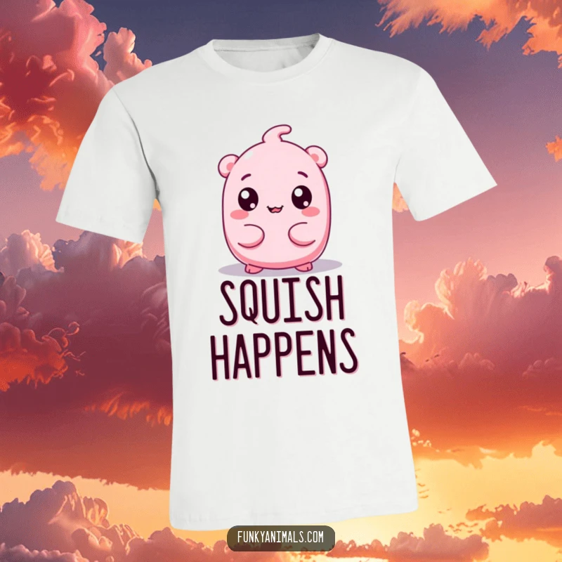 Funny t-shirt graphic of a pink, squishy alien with oversized googly eyes enthusiastically wiggling its body, radiating joy.