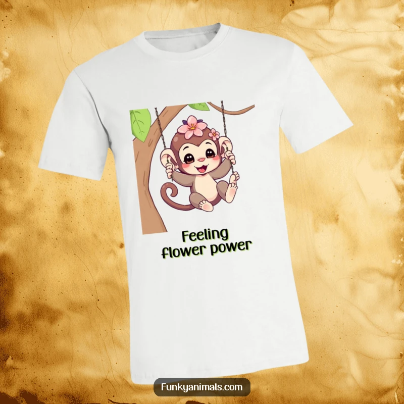 Funny Swinging Monkey Cub T-Shirt: A happy monkey cub swinging from a branch, a vibrant flower nestled in its hair, embodying pure, unadulterated fun.
